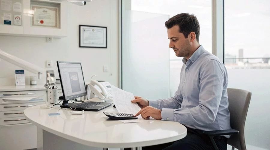 Dental practice owner reviewing business performance